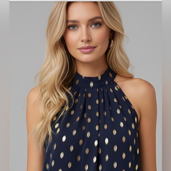 Gold Leaf Print Pleated Halter Top Blue - Picture 2 of 8